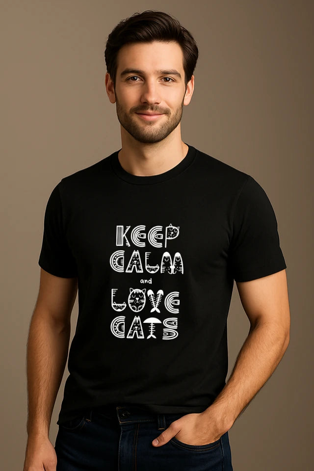 Mann trägt schwarzes Katzen T-Shirt mit Keep Calm Motiv