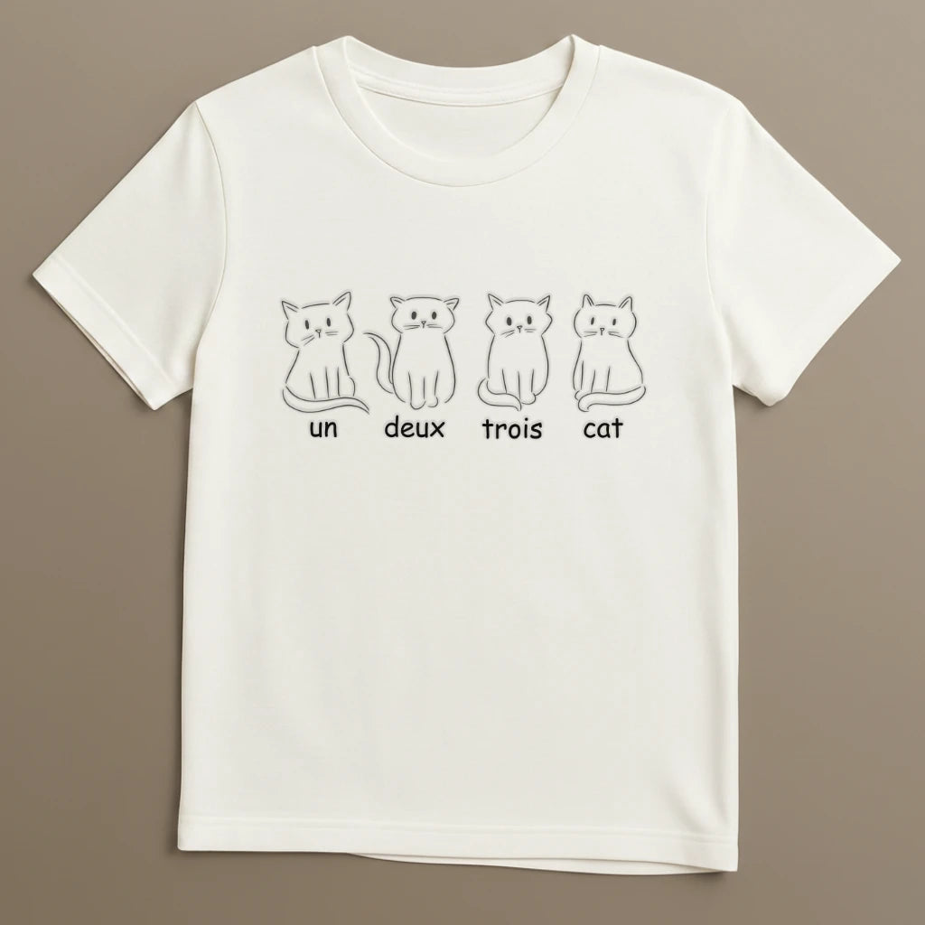 Weißes Katzen T-Shirt mit minimalistischem 1 2 3 cats Design flach ausgelegt