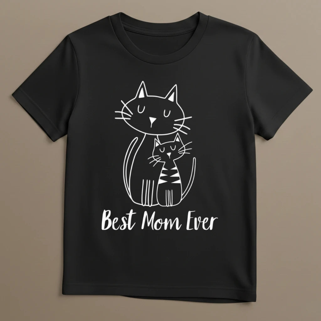 Schwarzes Katzen T-Shirt mit Best Cat Mom Ever Aufdruck als Flatlay