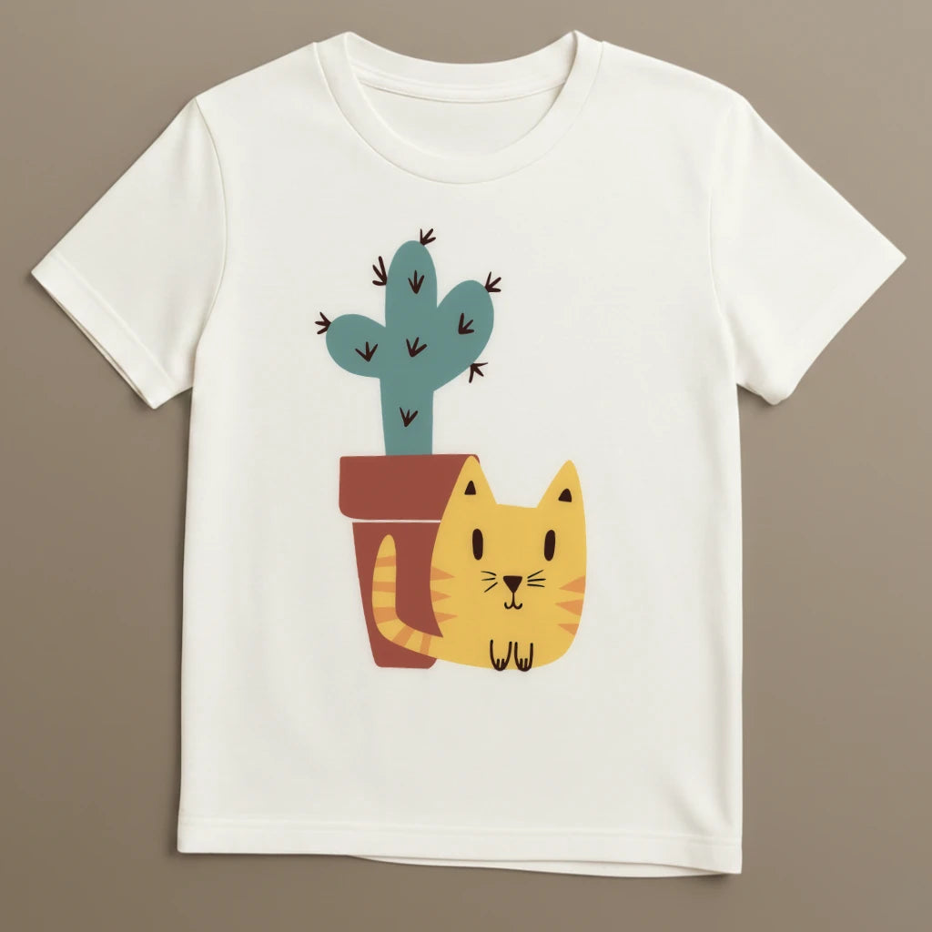 Weißes Katzen T-Shirt mit minimalistischem Katze und Kaktus Design flach ausgelegt