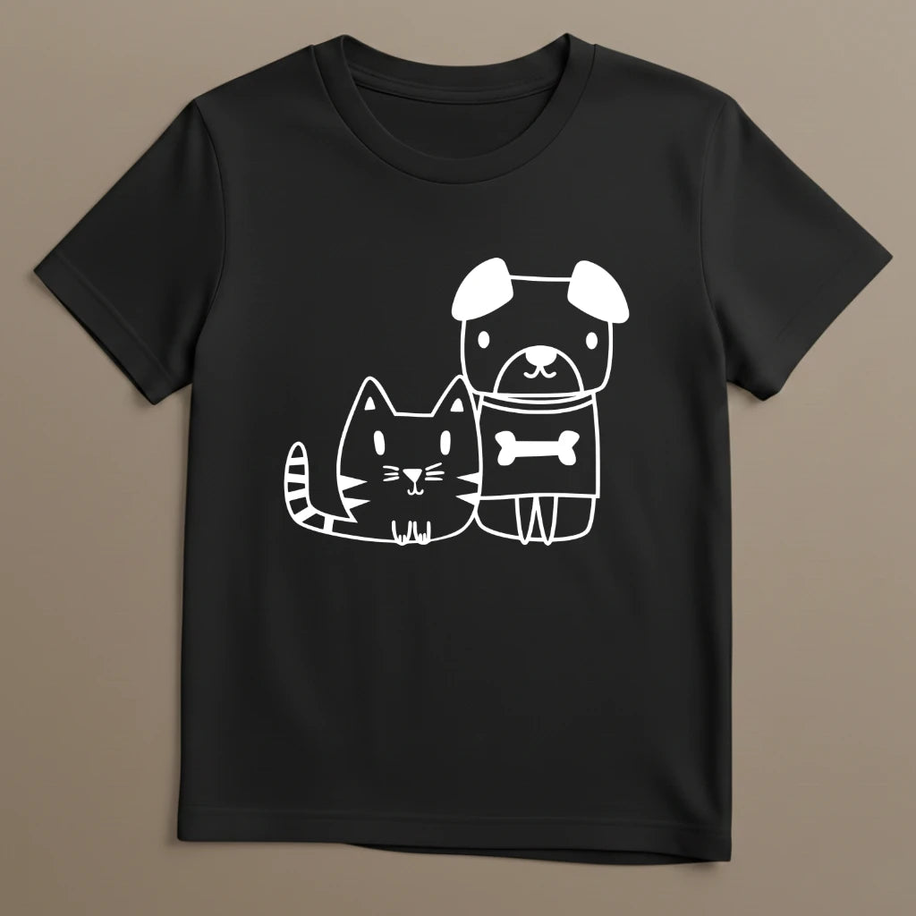 Schwarzes T-Shirt mit minimalistischem Tiermotiv Katze und Hund