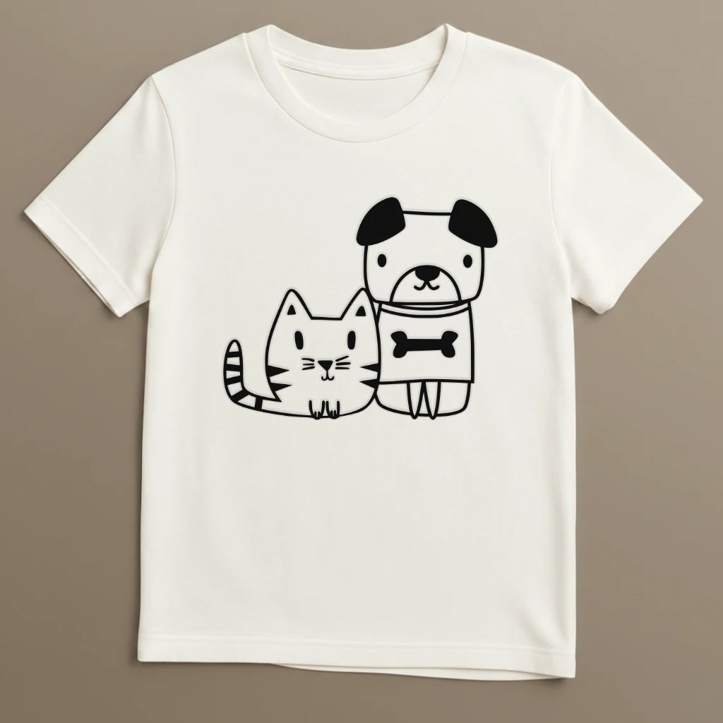 Weißes T-Shirt mit Katze und Hund Design ruhig und harmonisch dargestellt