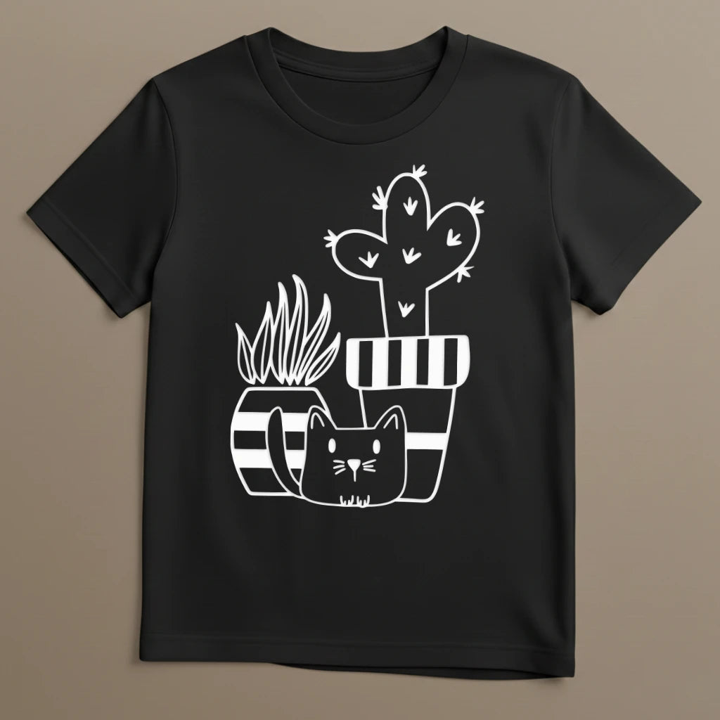 Schwarzes T-Shirt mit minimalistischem Katzen und Pflanzenmotiv