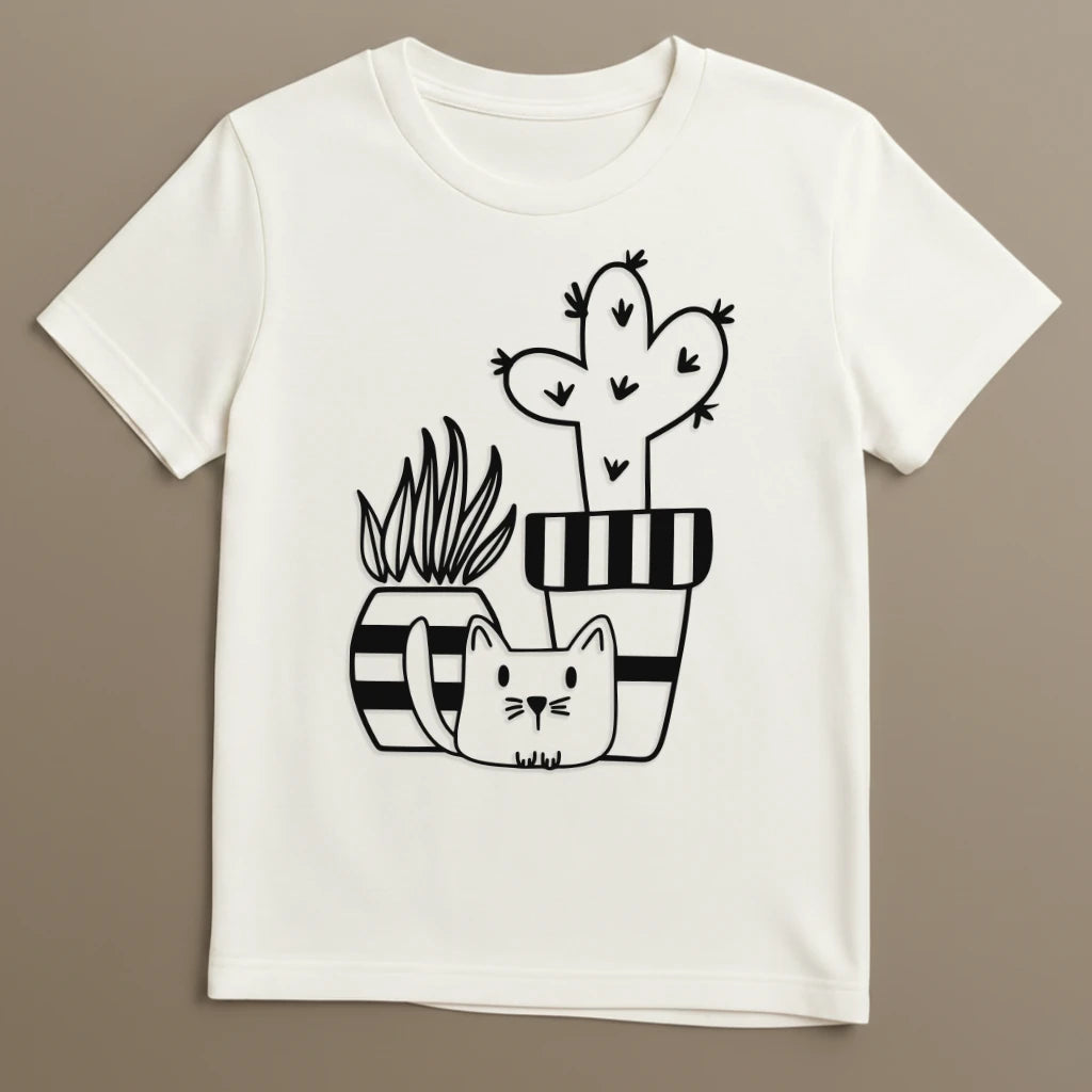 Weißes T-Shirt mit Katze Pflanze und Kaktus harmonisches Design