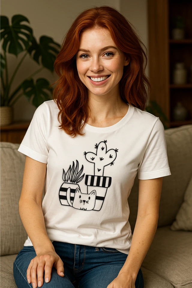 Modernes, weißes Katzen T-Shirt mit Pflanzen kombiniert mit ruhigem Outfit