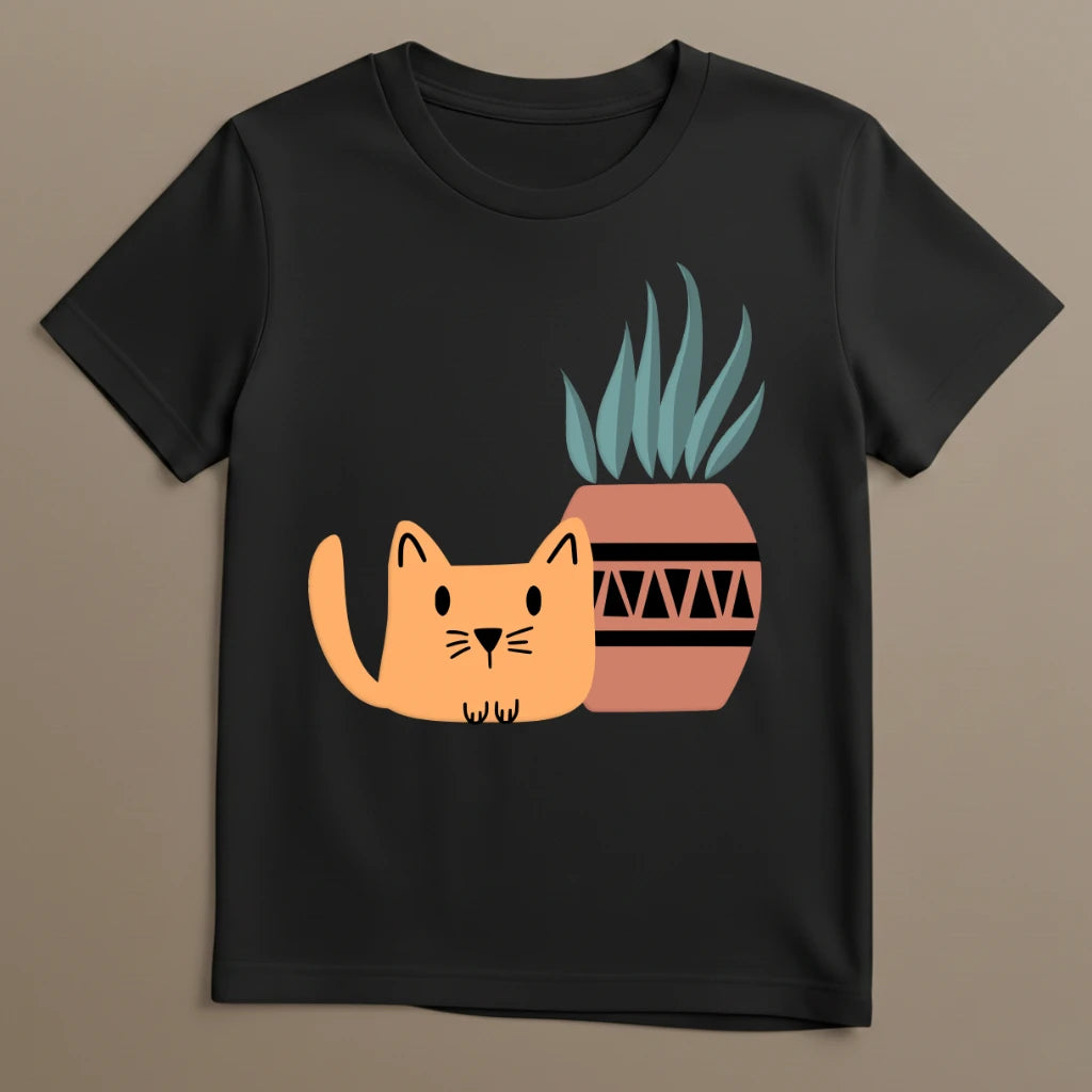 Schwarzes Katzen T-Shirt mit cat and plant Motiv als Flatlay