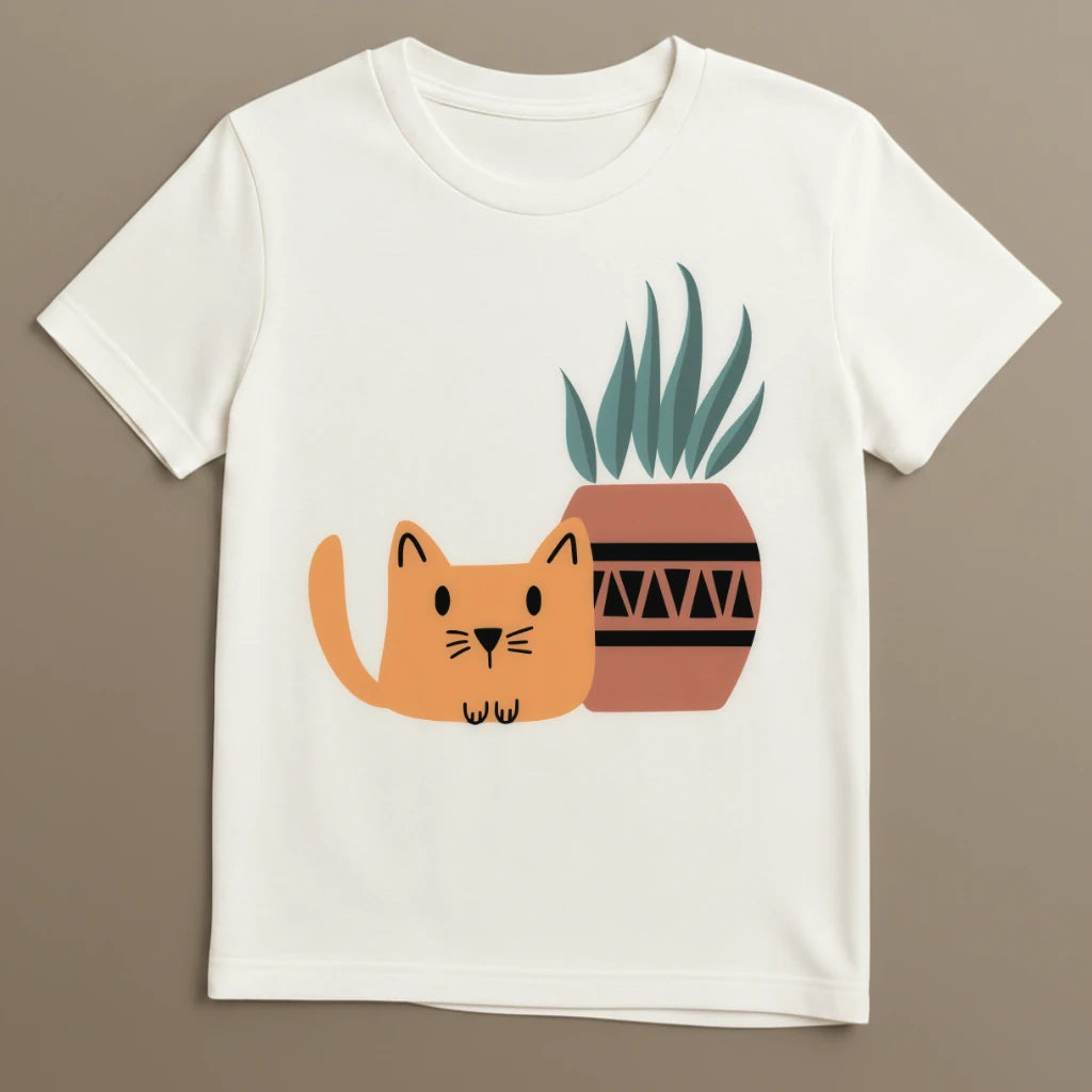 Weißes Katzen T-Shirt mit minimalistischem Katze und Pflanze Design flach ausgelegt