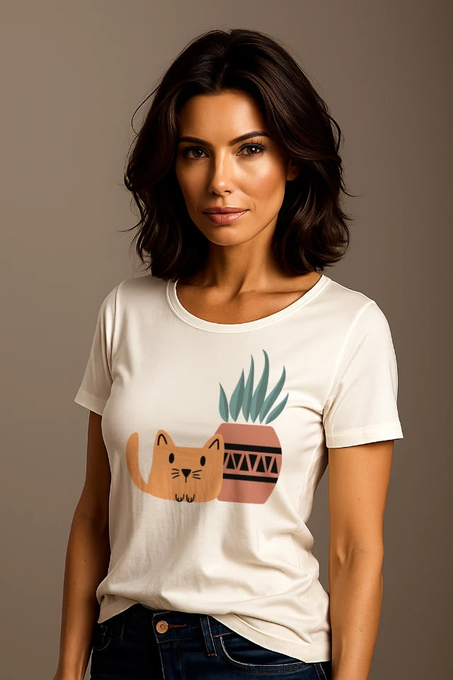 Frau trägt weißes Katzen T-Shirt mit minimalistischem cat and plant Design