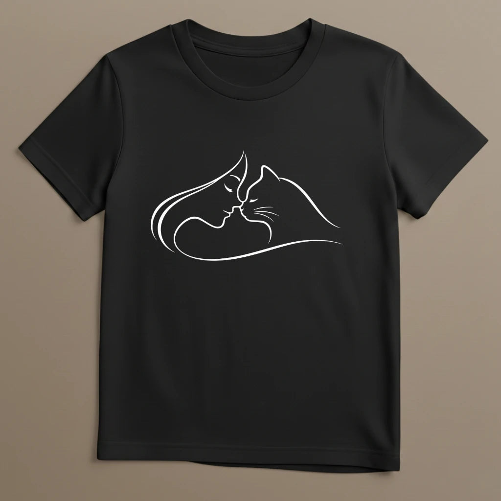 Schwarzes T-Shirt mit minimalistischem Katzenmotiv im Einklang dargestellt