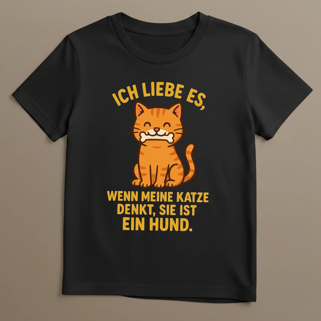 Schwarzes Katzen T-Shirt mit Katze denkt Hund Motiv als Flatlay