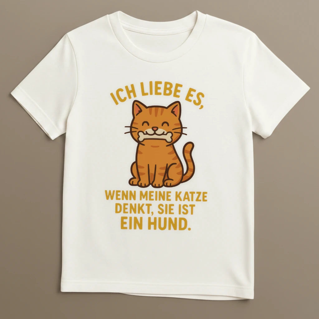 Weißes Katzen T-Shirt mit Katze denkt Hund Aufdruck flach ausgelegt