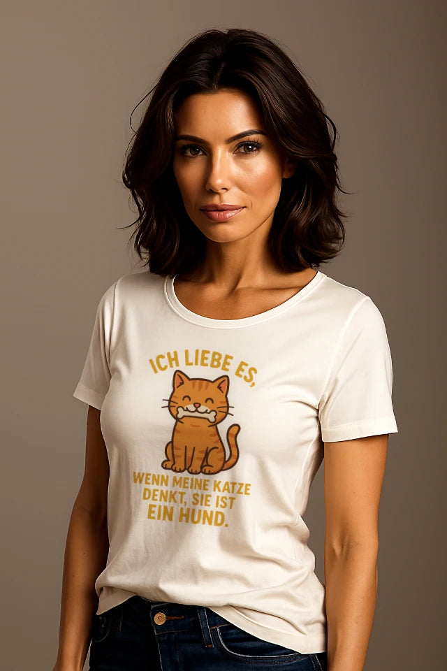 Frau trägt weißes Katzen T-Shirt mit Katze denkt Hund Motiv