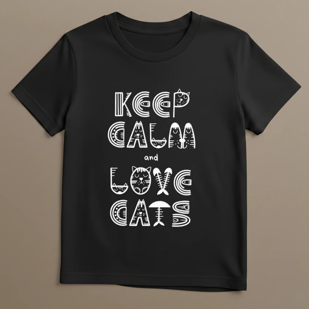 Schwarzes Katzen T-Shirt mit Keep Calm Katzenmotiv als Flatlay