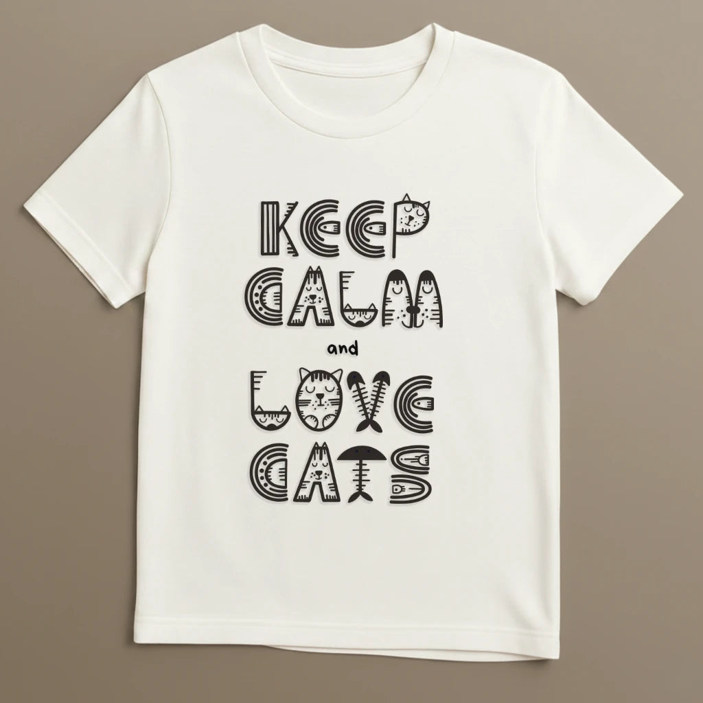 Weißes Katzen T-Shirt mit Keep Calm Aufdruck flach ausgelegt
