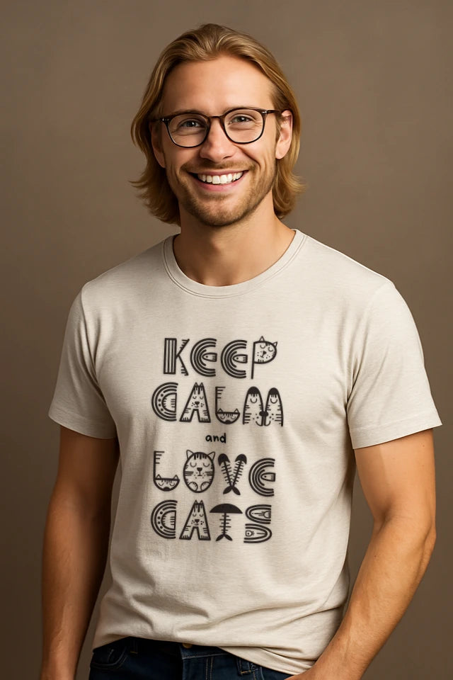 Mann trägt weißes Katzen T-Shirt mit Keep Calm Katzen Design