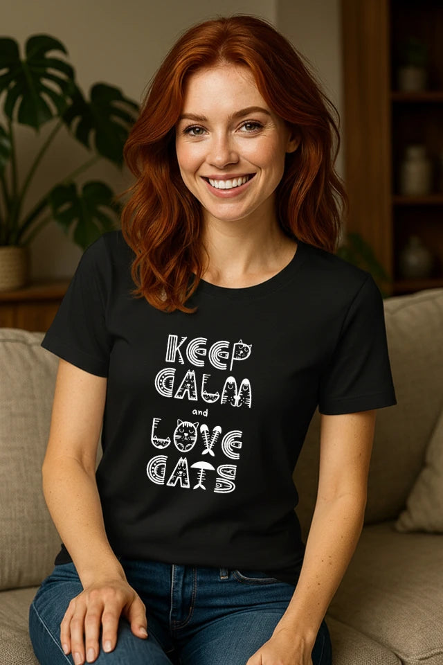 Minimalistisches, schwarzes Katzen T-Shirt mit Keep Calm Statement im Alltag