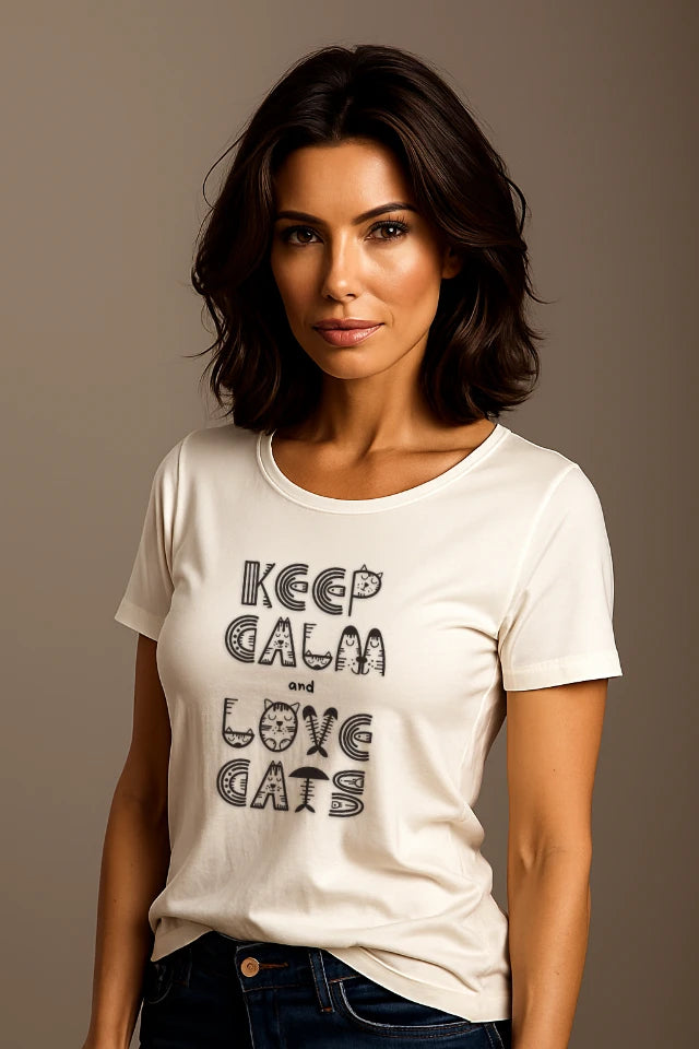 Frau trägt weißes Katzen T-Shirt mit Keep Calm Katzen Design