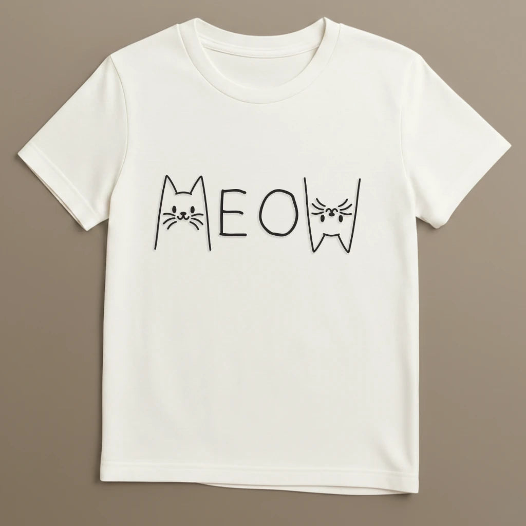 Weißes Katzen T-Shirt mit MEOW Design flach ausgelegt