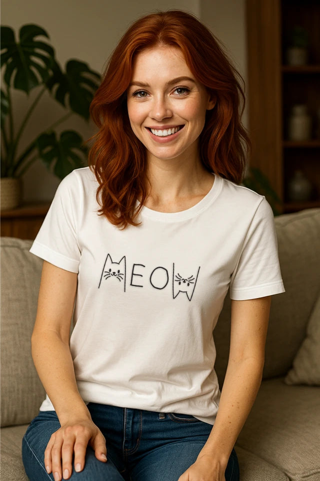 Minimalistisches, weißes Katzen T-Shirt mit MEOW Schriftzug im Alltag