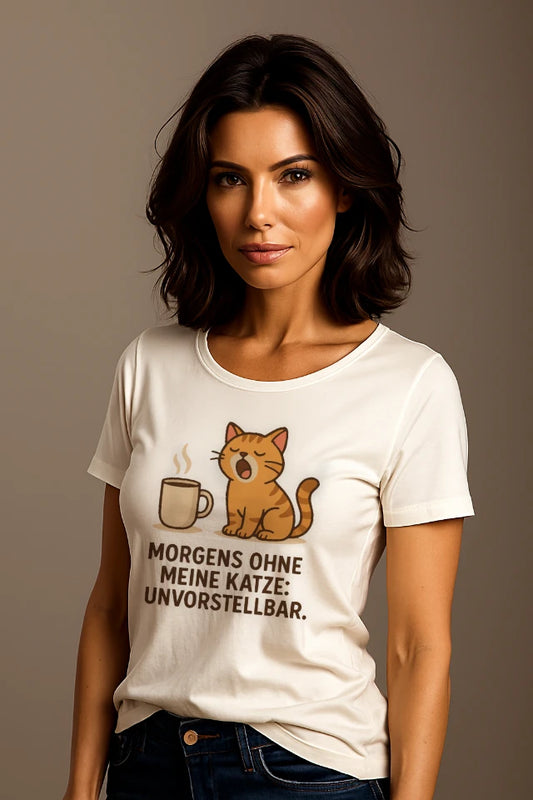 Frau trägt weißes Katzen T-Shirt mit Ohne Katze unvorstellbar Statement