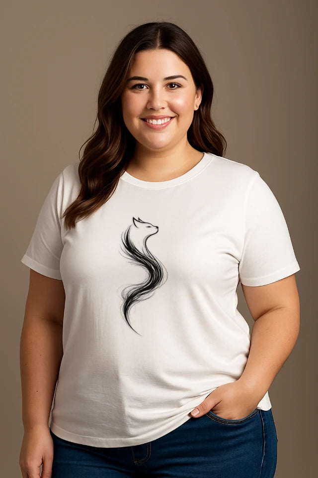 Curvy Model trägt weißes minimalistisches Katzen T-Shirt mit Line Art Design in ruhiger Ästhetik