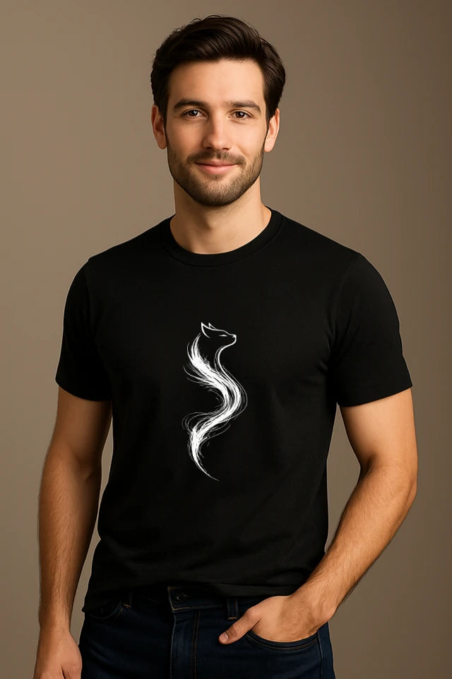 Mann trägt schwarzes Katzen T-Shirt mit minimalistischem Line Art Katzenmotiv modern und clean