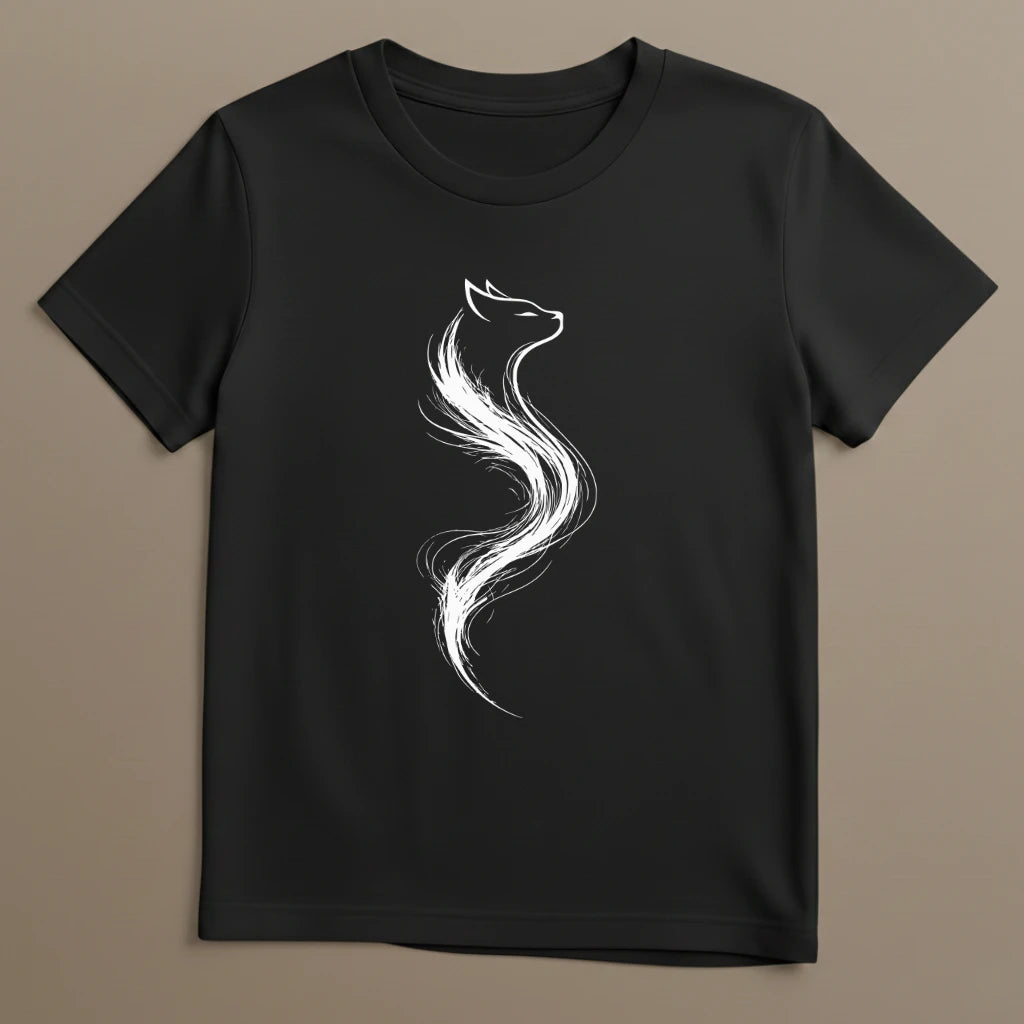 Schwarzes T-Shirt mit feinem Line Art Katzenmotiv stilvoll und reduziert dargestellt