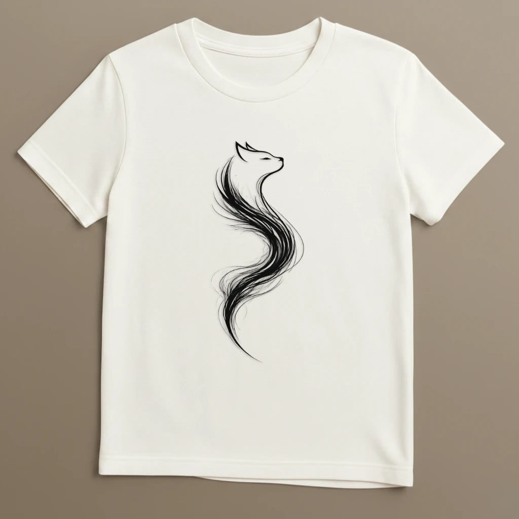 Weißes T-Shirt mit minimalistischem Katzen Line Art Design auf neutralem Stoffhintergrund