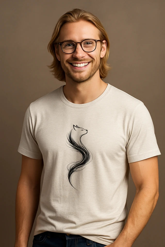 Mann trägt weißes minimalistisches Katzen T-Shirt mit Line Art Design in ruhiger Ästhetik