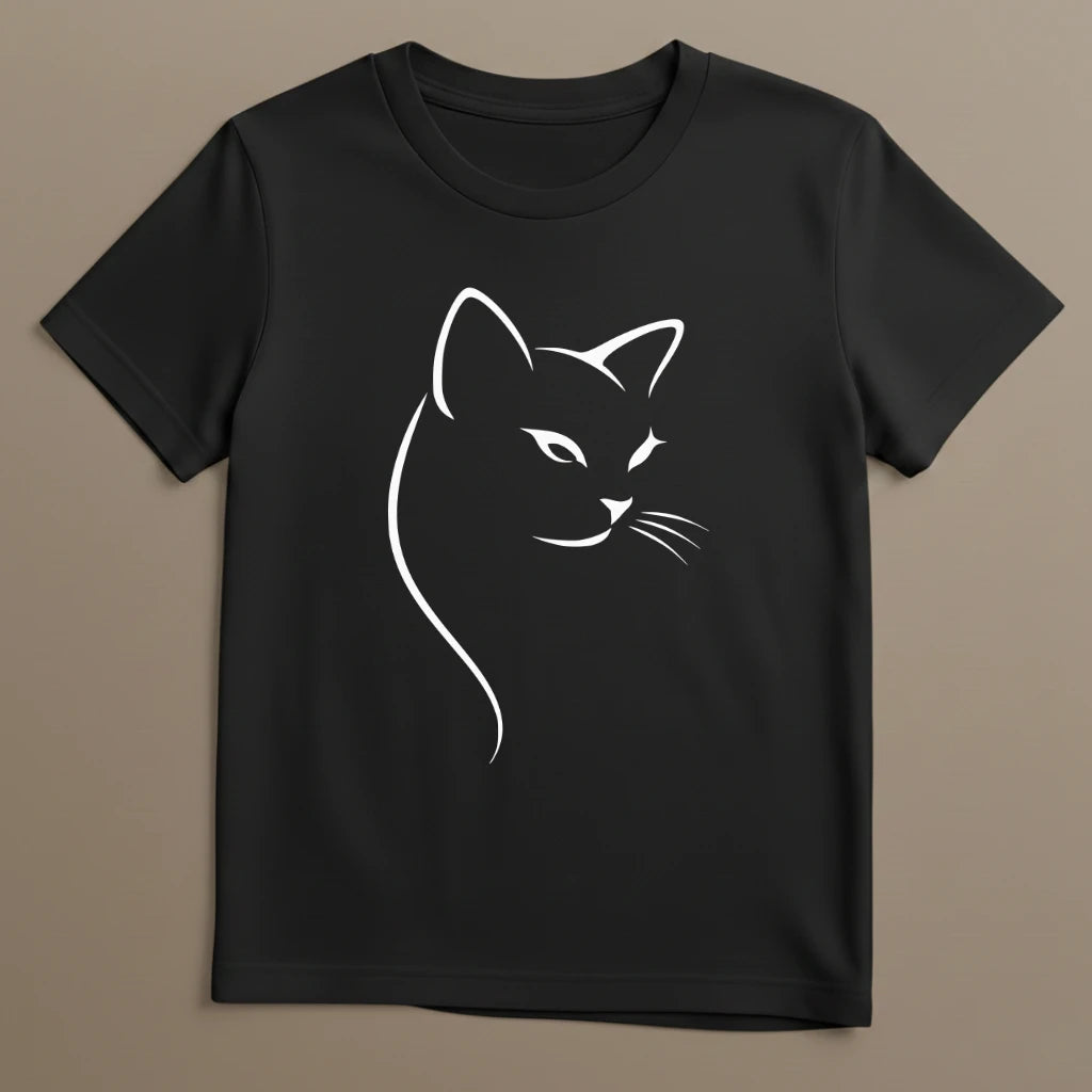 Schwarzes T-Shirt mit ästhetischem reduziertem Katzenmotiv stilvoll dargestellt