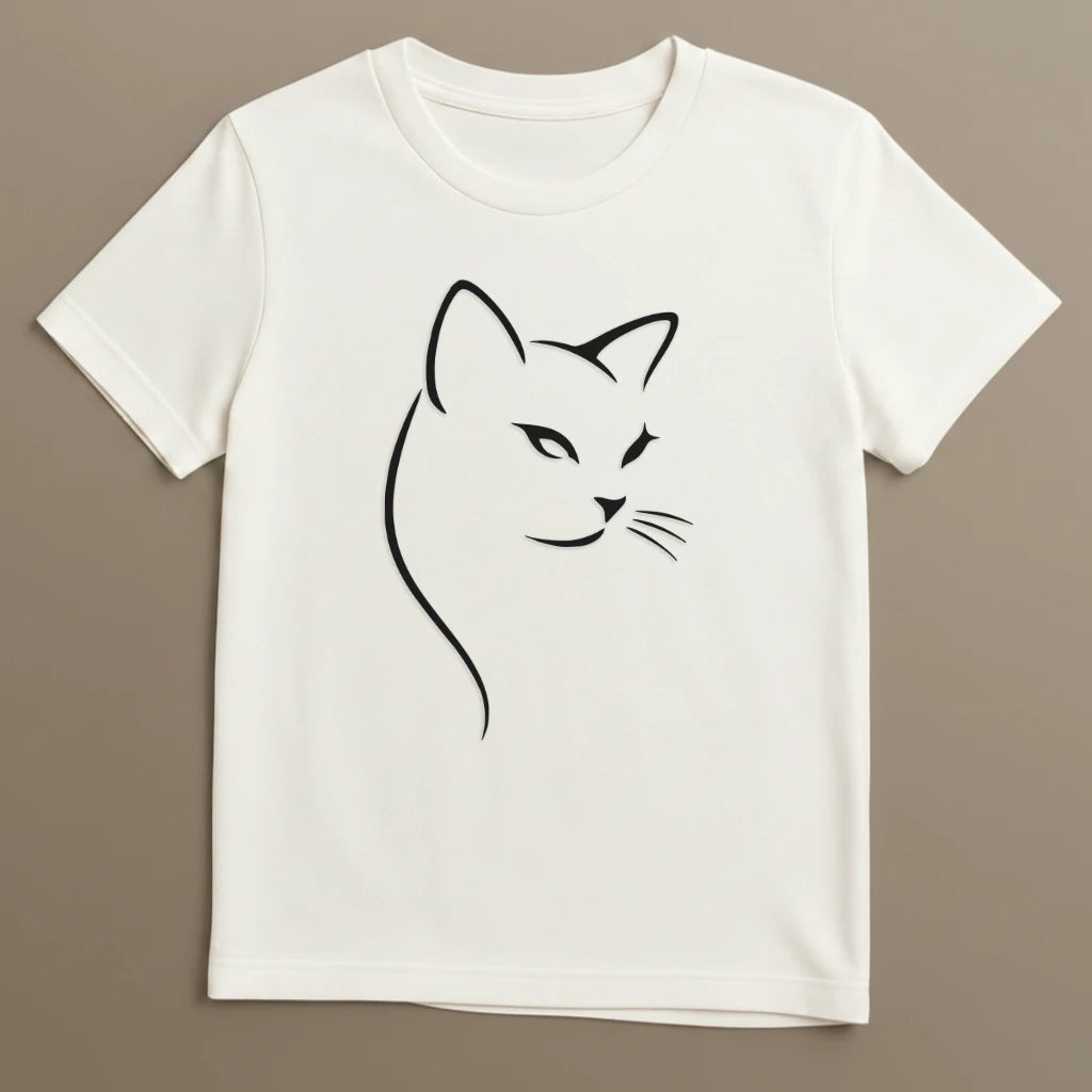 Weißes T-Shirt mit ruhigem minimalistischem Katzen Design auf Stoffhintergrund
