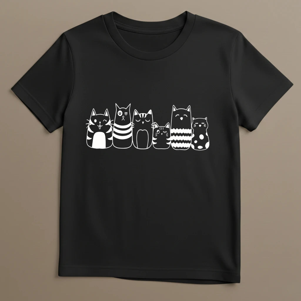 Schwarzes T-Shirt mit süßem Katzenmotiv mehrere Katzen verspielt dargestellt
