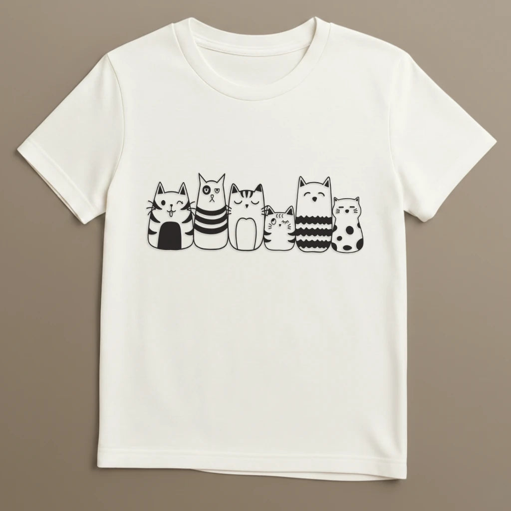 Weißes T-Shirt mit niedlicher Katzenbande auf Stoffhintergrund