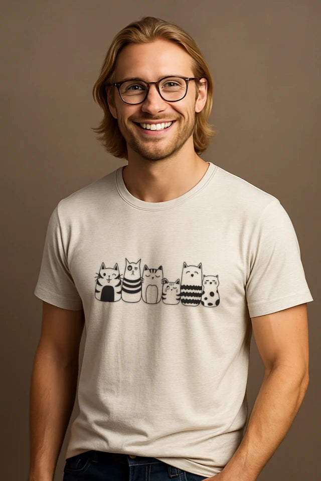 Mann trägt weißes Katzen T-Shirt mit süßer Katzenbande niedliches Design
