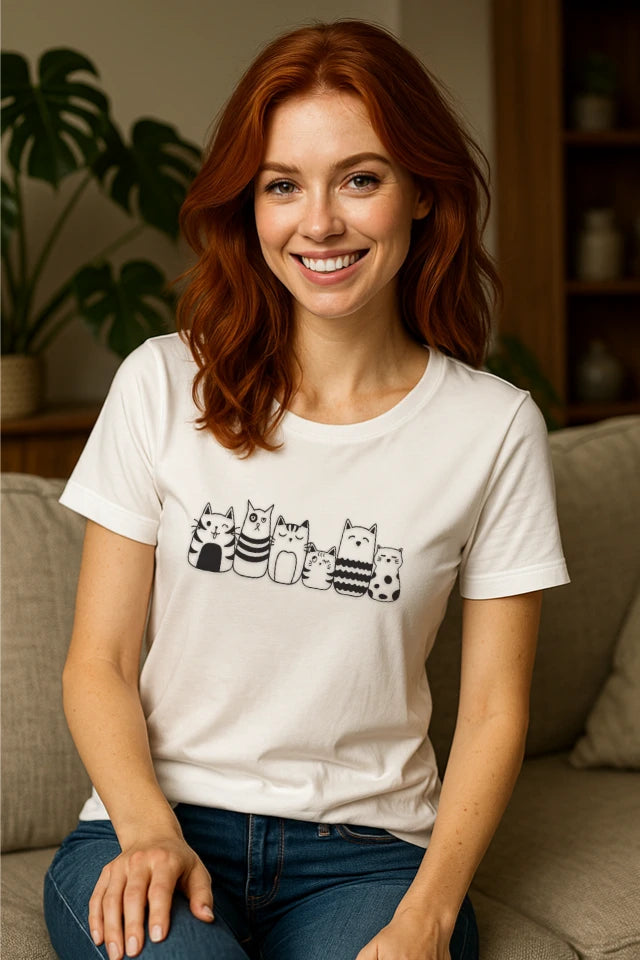 Niedliches, weißes Katzen T-Shirt kombiniert mit lockerem Alltag Outfit