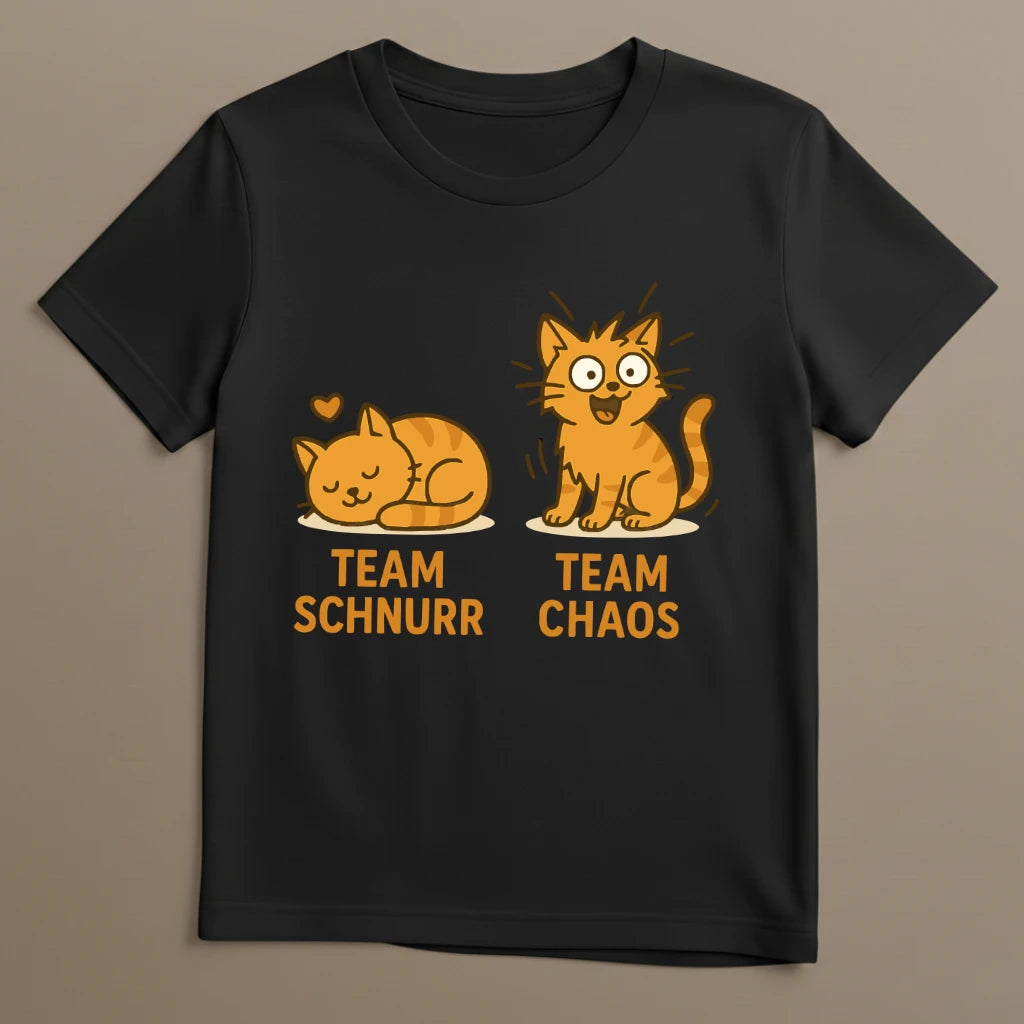 Schwarzes T-Shirt mit witzigem Katzenmotiv kontrastreich dargestellt