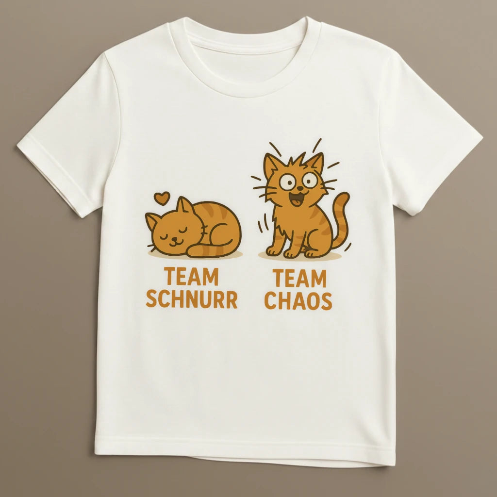 Weißes T-Shirt mit humorvollem Katzen Design schnurren und chaos dargestellt